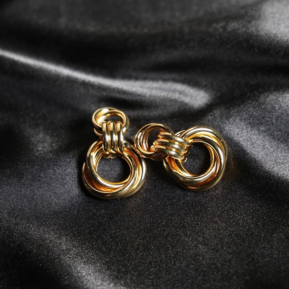 Gold Interlocking Triple Hoop Drop Earrings Stainless Steel JW024